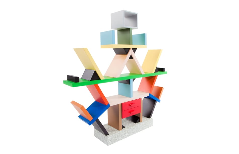 Bibliothèque Carlton en laminé coloré, design Ettore Sottsass pour Memphis Milano, années 1980</p>
<p>