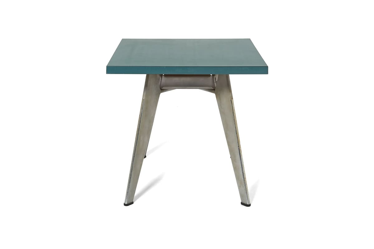 Guéridon Cafétéria démontable, design Jean Prouvé, piétement en tôle pliée et plateau circulaire en bois, mobilier utilitaire des années 1950